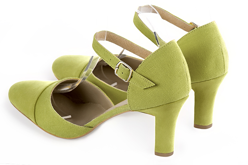 Pistachio green women's open side shoes, with an instep strap. Round toe. High kitten heels. Rear view - Florence KOOIJMAN